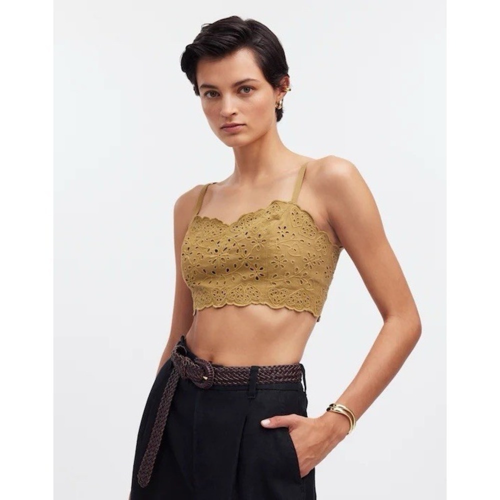 Madewell NWT Eyelet Linen Blend Crop Tank Top Olive Surplus Cami Corset Sz 6